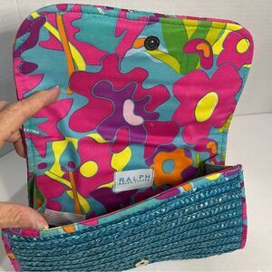 Ralph Lauren Woven Make Up Travel Bag Colorful Floral Trim Snap Close Turquoise